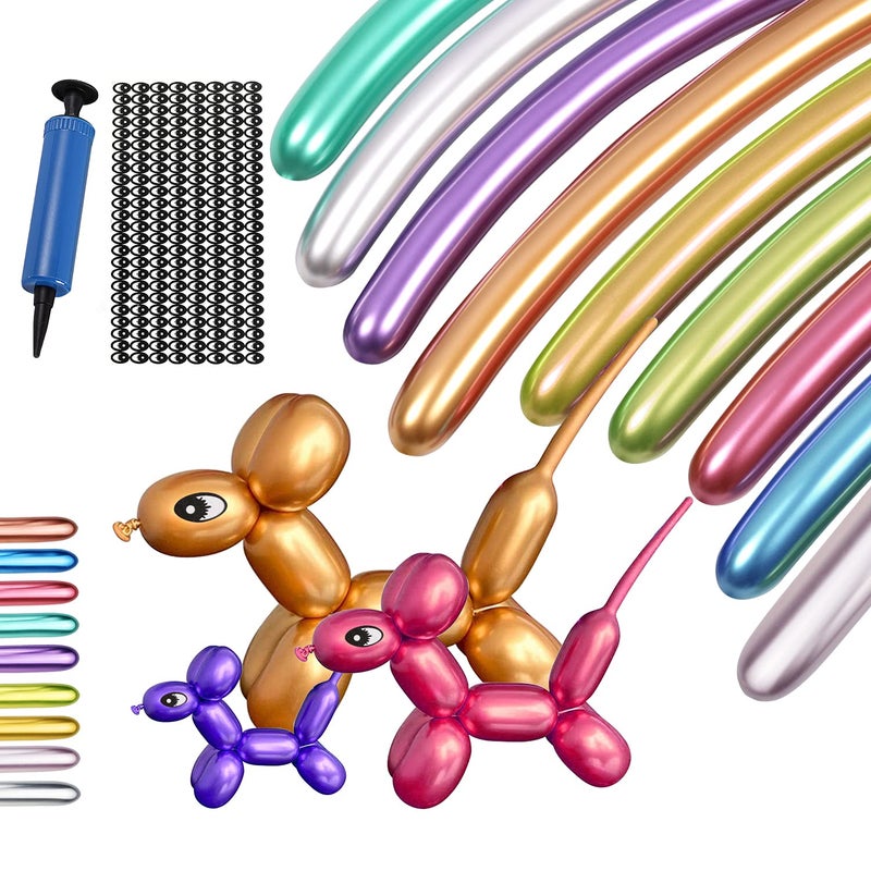 RFAdapter Balloons for Animal Making - 100PCS Long Twisting Balloons Kit with Pump, Eye Stickers, Metallic & Chrome Mixed Color for Birthday Festival - Image 1